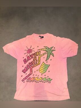 Distressed Vintage Fruit of the Loom Pink Graphic Tee with Small Multicolor